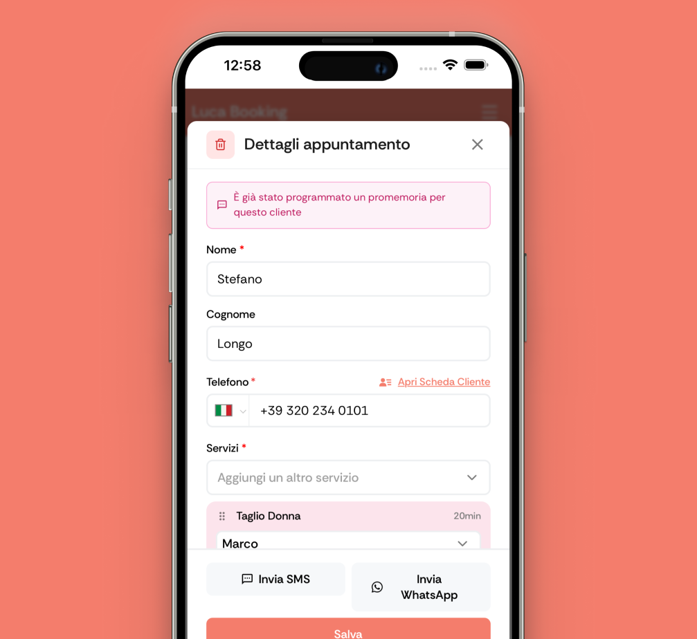 Promemoria WhatsApp automatici di LucaBooking