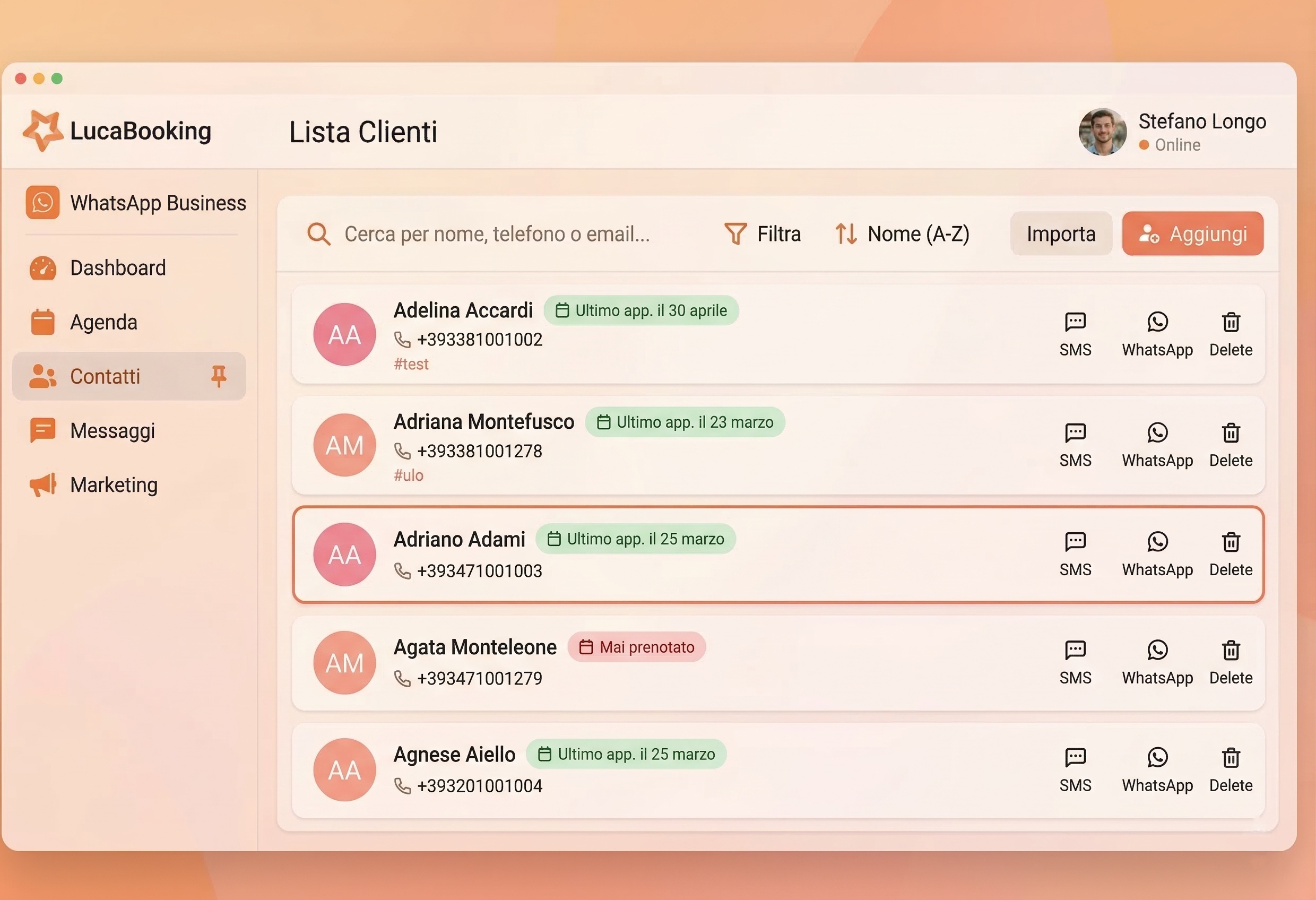 LucaBooking messaggi WhatsApp dalla rubrica clienti