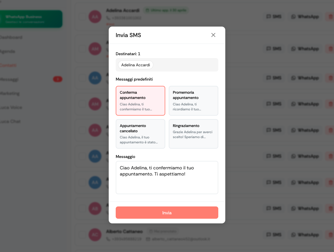 LucaBooking messaggi WhatsApp dalla rubrica clienti